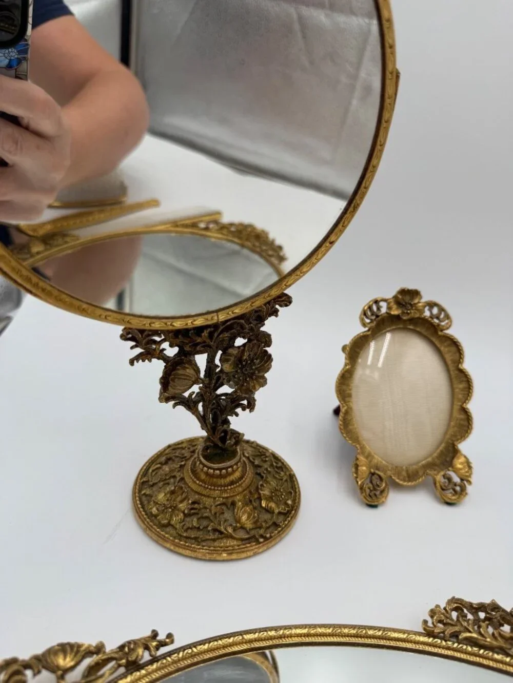 Vintage Gold Vanity Set With Hand Mirror Comb Brush Tray Jewelry Box & Small Fra